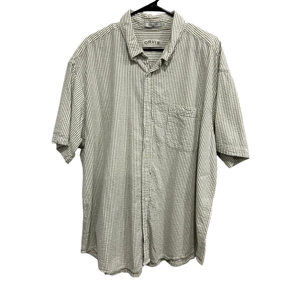 Orvis Mens Green White Striped Short Sleeve Shirt XXL Button Down